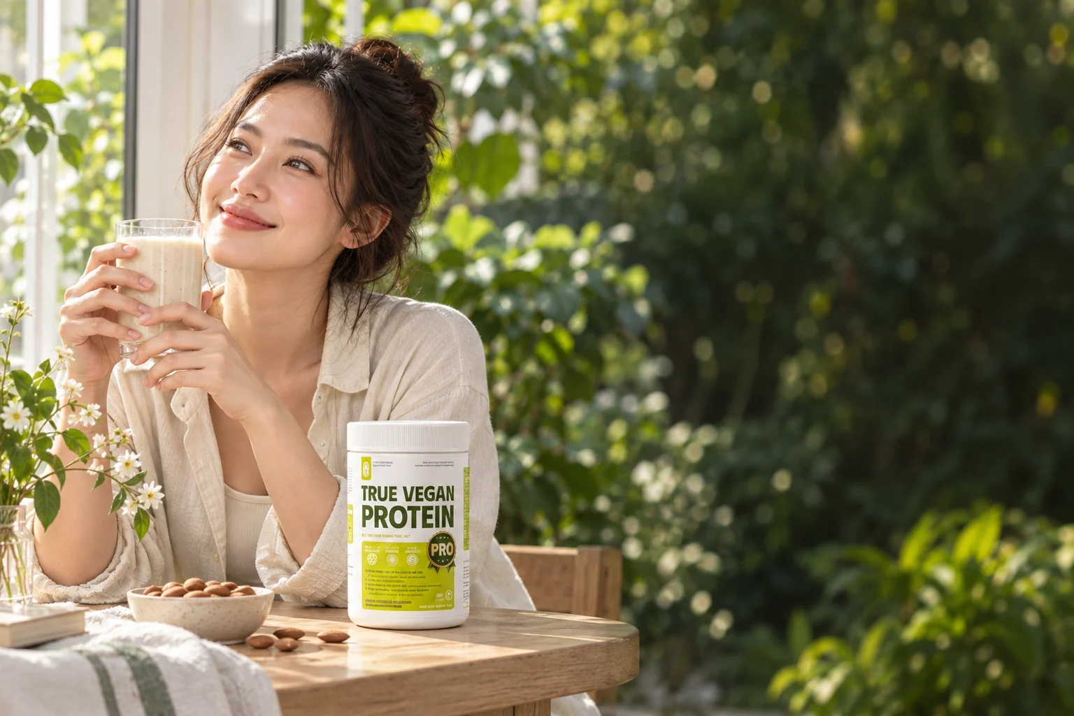 Người mẫu cầm ly đạm thực vật bên cửa sổ buổi sáng, hộp TRUE VEGAN PROTEIN trên bàn — hình minh hoạ tạo bằng AI