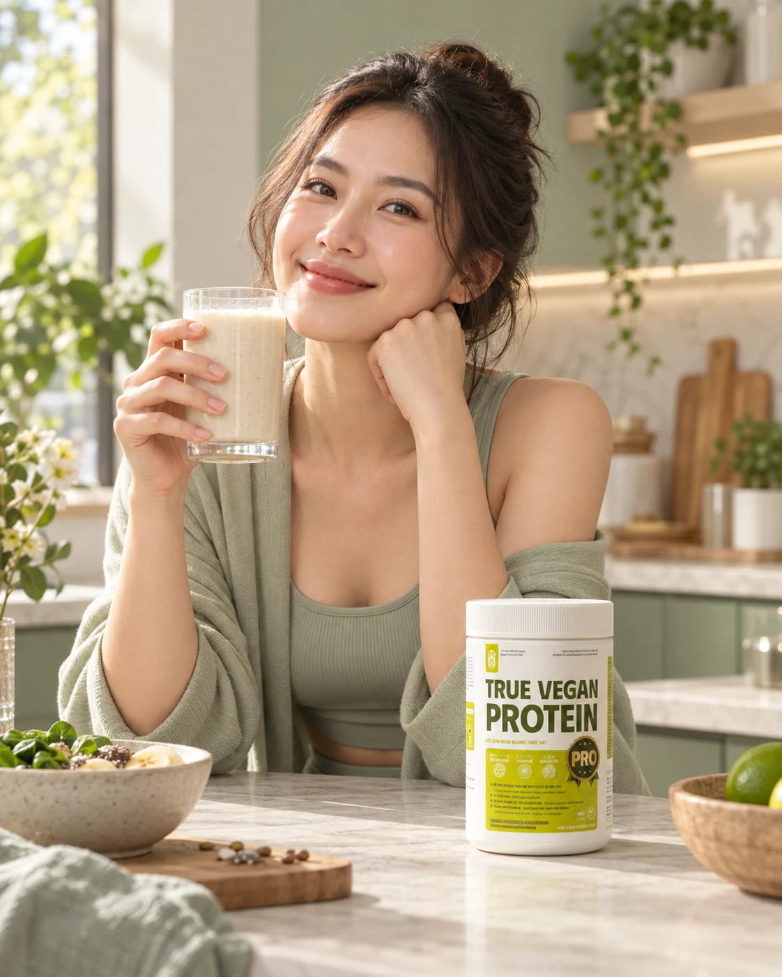 Người phụ nữ cầm ly đạm thực vật trong căn bếp buổi sáng, hộp TRUE VEGAN PROTEIN trên bàn